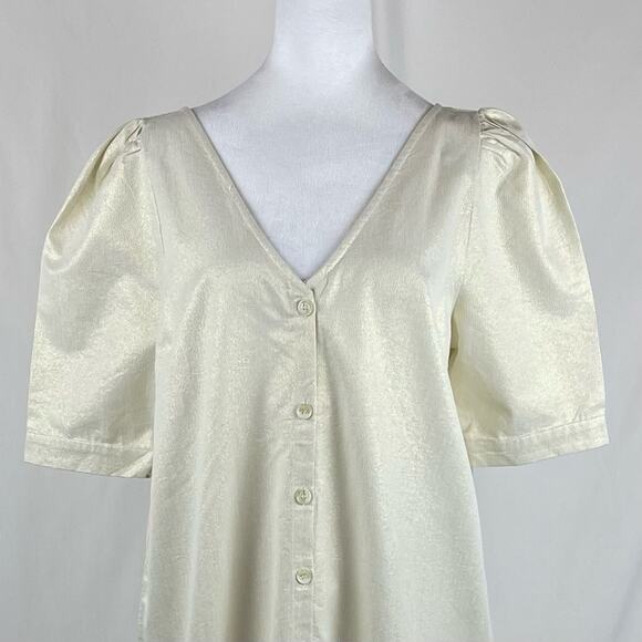 MNG Cream N Metallic Gold Cotton Blend Artist Boho Maxi Shirt Dress NWT Size 10 - Picture 3 of 13